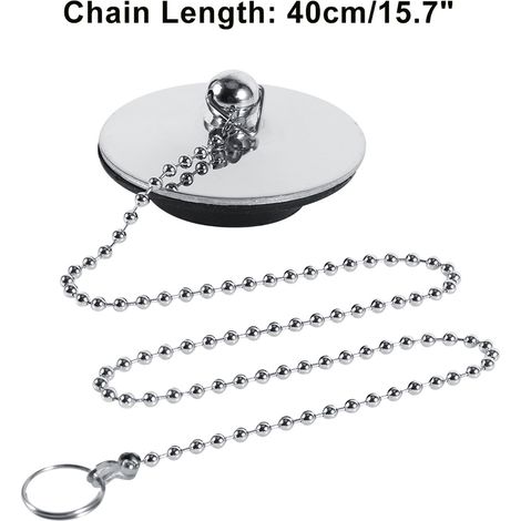 Abflussstopfen für Waschbecken, Dusche und Badewanne, aus gedehntem Metall mit Kette und Gummischeibe – Original Schwarz, Chromdetails, Maße 4,2 cm, Kette 40 cm (1/5)