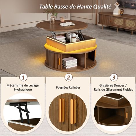 Table de chevet réglable en hauteur. Table à café ronde, table à thé avec deux portes de rouleau. Une table de couleur noyer, dotée d’un espace de rangement caché. (1/5)