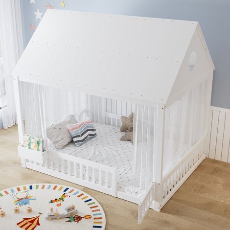 Hausbett 140x200 Kinderbett mit Dach und Fenster, Einzelbett mit Stauraumfach und Vorhang, Holzbett Kiefer Weiß bis 200kg belastbar (1/5)