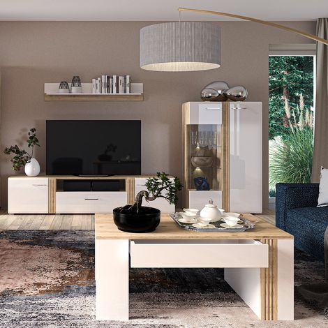 Wohnwand Set modern in Eiche Nb. AKRON-131 mit Fronten in Hochglanz weiß 4-teilig inkl. Couchtisch (1/5)
