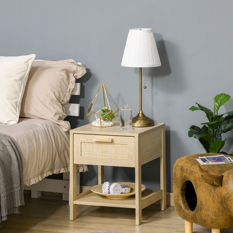 Mesita de Noche Mesilla de Noche con Cajón de Ratán y Estante Inferior Carga 40 kg para Dormitorio Sala 40x40x48 cm Natural (1/5)