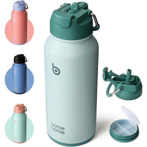 Edelstahl Trinkflasche 1L Isolierflasche Strohhalm Sport Pillendose Grün (1/5)