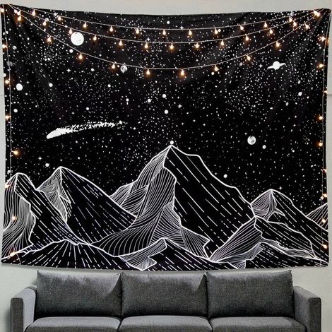 Tapisserie murale montagne lune étoiles noir et blanc, décoration chambre – DELKEVIC