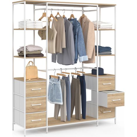 Armadio doppio UTAH + colonna doppia L. 140 cm con 6 ripiani e 6 cestini in legno e tessuto bianco