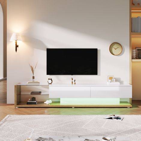 Meuble TV buffet bas blanc laqué et bois, vitrine LED modulable, style champêtre moderne, combinaison tons naturels. (1/5)