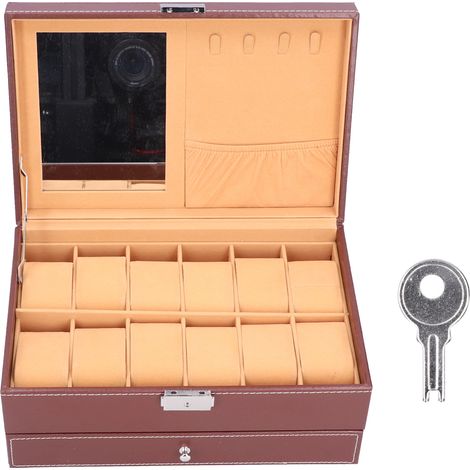 Boîte à bijoux double couche en cuir PU, organisateur de colliers et montres avec clé. (1/5)