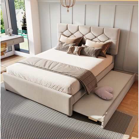 Bett Ausziehbett 140x200 Samt Beige platzsparend HAVRYA (1/5)