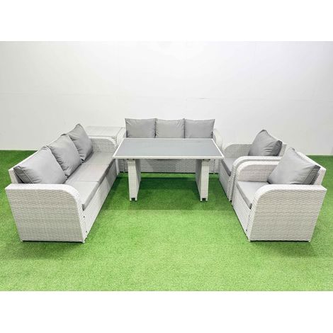 Fimous 8 Seater Wicker PE Rattan Furniture Outdoor Dining Table 3 Seater Sofa Reclining Chair Set with Side Table Light Grey (1/4)