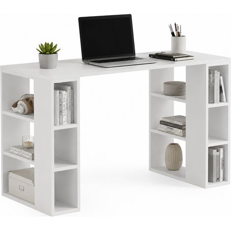Scrivania Tavolo 6 Scomparti Laterali Legno Bianco 60 x 140 x 75Hcm Ufficio Casa