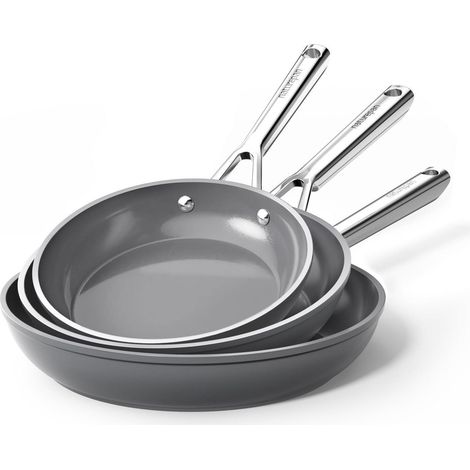 Set de poêles Céramique Induction 20/24/28cm, revêtement DiamondTitan, résistant au four, Gris