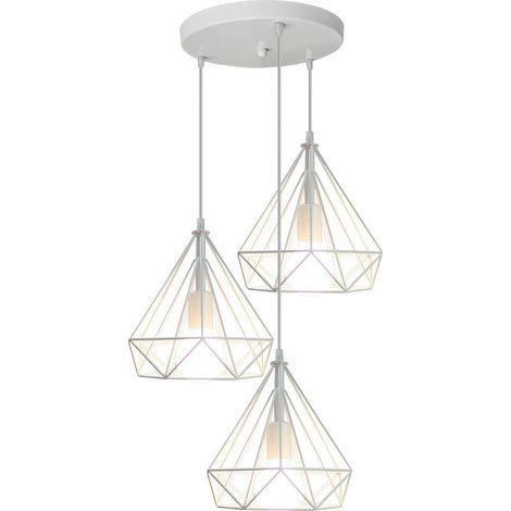 Lustre Suspension 3 Lampes en Disque E27 25cm Blanc Suspension Cage Diamant en Métal Luminaire pour Chambre Couloir Sallon (1/5)