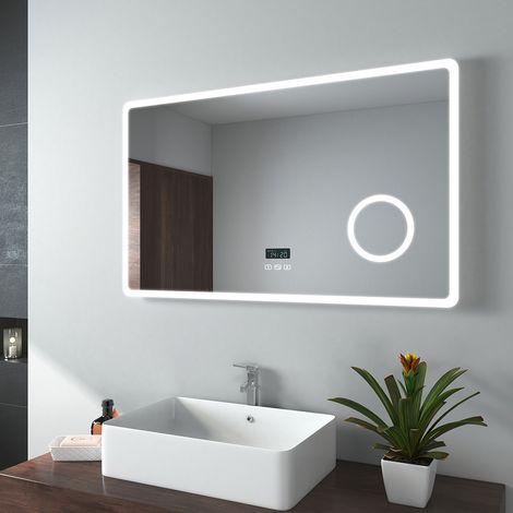 EMKE Miroir de salle de bain LED avec Loupe 3 Fois 100x60cm Loupe 3x, Interrupteur Tactile, Anti-buée, Bluetooth Lumière Blanche Froide/Chaude/Neutre