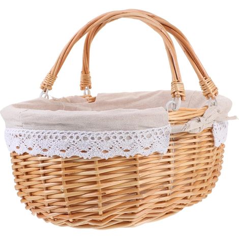 Panier de pique-nique en osier tressé à la main avec anse, doublure en lin, 35 x 26 x 15 cm (1/5)