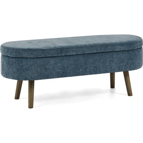 Banc de rangement 110x40x42 cm en tissu chenille bleu avec 20L d'espace de stockage, pieds en bois massif (1/5)