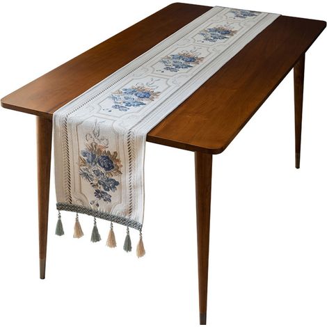 Chemin de table à pompons et motifs floraux, doux et décoratif, en chenille, anti-poussière, blanc, 32 x 140 cm / 12,6 x 55,1 pouces (1/5)