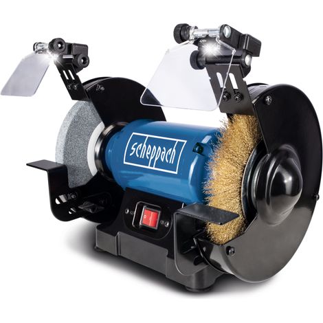 Scheppach Touret Mixte SM200LB - Puissance 500W - Pierre à aiguiser 200x20mm Grain 36 - Brosse métallique largeur 16mm - Avec éclairage LED