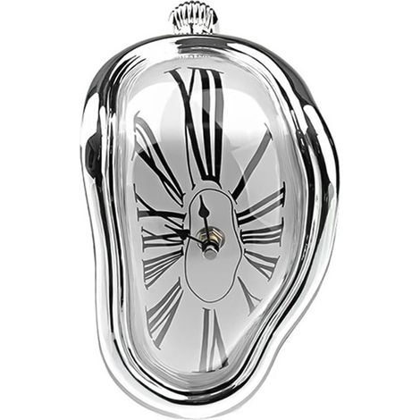 1 Horloge Déformée Style Dali, Design Fondu Argenté, Plastique Aluminium Cuivre, Pour Bureau Étagère Salon
