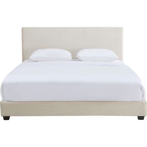 Lit adulte 160x200 cm avec tête de lit capitonnée en velours côtelé beige - William (1/5)