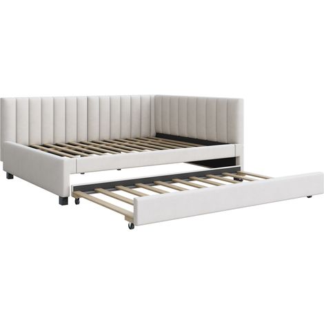 Cama nido tapizada 140 x 200 cm en terciopelo beige con somier de lamas MODENUIT (1/5)