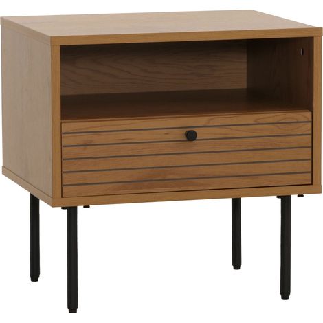 Comodino HHG-307, con cassetto, stile scandinavo metallo legno melamina MVG 50x40x50cm, naturale