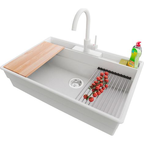 PRIMAGRAN Evier Cuisine en Granit 78x53cm,Lavabo 1 bac + Robinet 32x20cm + Kit de Vidage + Accessoires, Évier à Encastrer au meuble 80cm - New York, Blanc