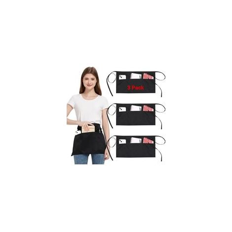 3 Pièces Tablier de Taille avec 3 Poches et Sangle Réglable, Imperméable Tabliers de Cuisine Noir pour Femme et Homme, Court Tablier Pour Serveurs Chefs Bistro Restaurant Café (1/5)