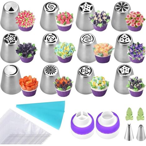 14-Delig Patisserie Set, Met Nozzels, Bagepannen en Connectoren, Voor Rozen en Bloem Motieven (1/5)