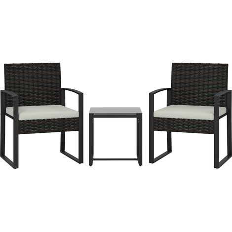 Ensemble bistro en rotin, ensemble de mobilier de jardin 3 pièces comprenant 2 chaises de jardin, une table basse et des coussins amovibles, blanc crème (1/5)