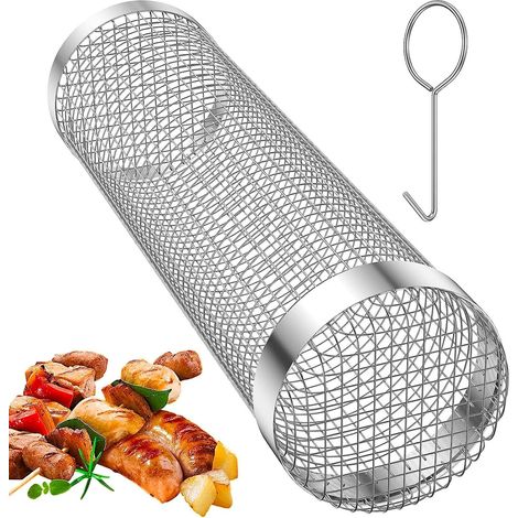 Panier à griller roulant en acier inoxydable avec couvercle amovible - Paniers portables pour grillades en extérieur (1 paquet - 20 cm), argenté (1/5)