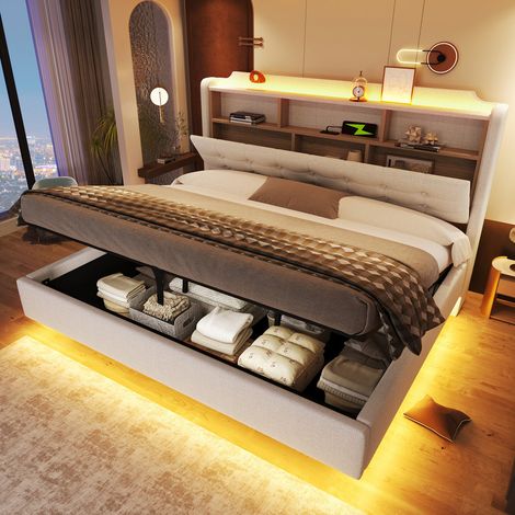 Lit double capitonné 180x200 cm, Lit coffre hydraulique, LED, USB/Type-C, tête de lit avec rangement, design suspendu, lin, beige (1/5)