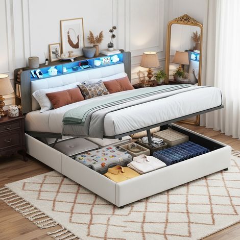 Lit adulte 140x190, lit coffre double 140x190 - avce LED et charge sans fil, Tête de lit rangement, sommier à lattes - velours beige (1/5)