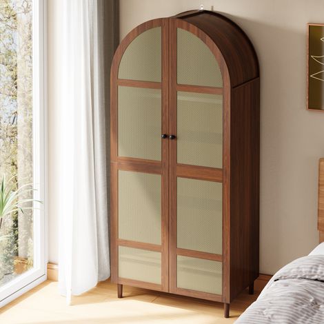 Armoire penderie moderne 80x50x179 cm avec portes incurvées à cannage en rotin, tringle, étagères et tiroirs, pieds en bois,MDF, effet noyer (1/5)