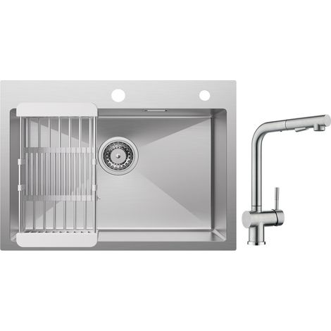 Cecipa Lavello da cucina 1 vasca 60×45×18 cm Lavello da cucina in acciaio inox 304 spazzolato con cestello di scarico + rubinetto da cucina con miscelatore lavello estraibile con doccetta spazzolato (1/5)