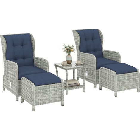 Outsunny Garden Furniture Set, Rattan Reclining Garden Chair Set, Dark Blue
