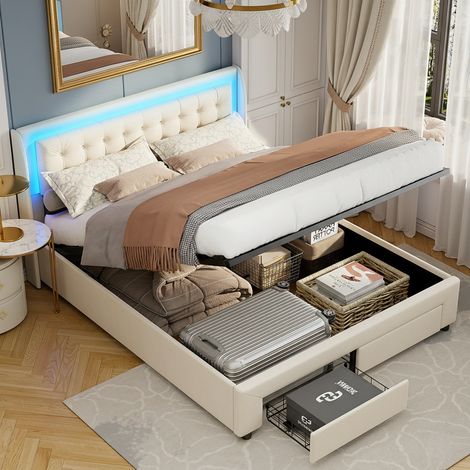 Lit coffre 140x190 cm, avec 2 tiroirs, sommier à lattes, Tête lit capitonnée velours, Bande lumineuse LED réglable,lit double hydraulique - beige (1/5)