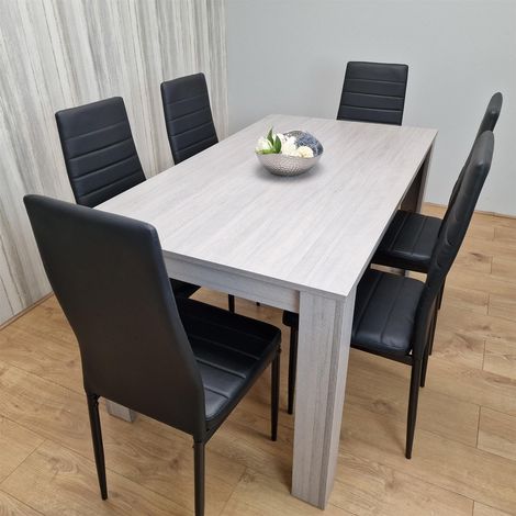 Dining Table and 6 Chairs Grey 6 Black Leather Chairs Wood Dining Set Furniture (1/5)