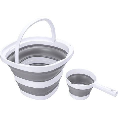 Seau pliable de 10 L avec louche rétractable - Récipient à eau portable et peu encombrant pour le nettoyage de la maison, le camping, la pêche et le lavage de voiture - Blanc/Gris (1/5)