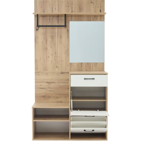 Meuble à chaussures blanc bois avec miroir, banc, tiroir, rangements (1/5)