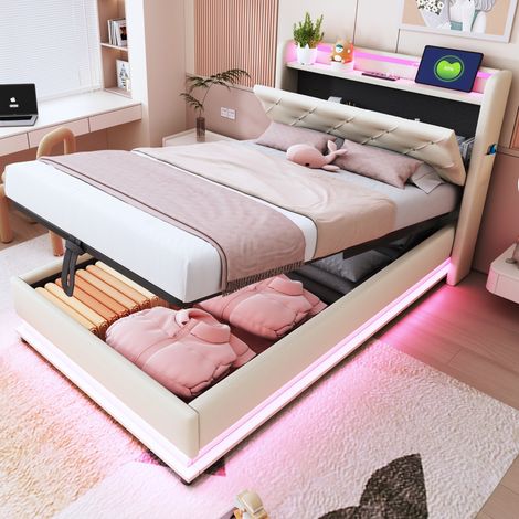 letto contenitore 90x200 con LED USB in lino beige HAVRYA (1/5)