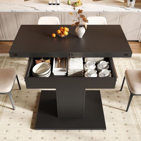 Esstisch ausziehbar - 120 x 120 x 75.1 cm - klappbare Tischplatte mit verstecktem Stauraum, stabiler Säulenfuß, moderner Stil, MDF - schwarz (1/5)