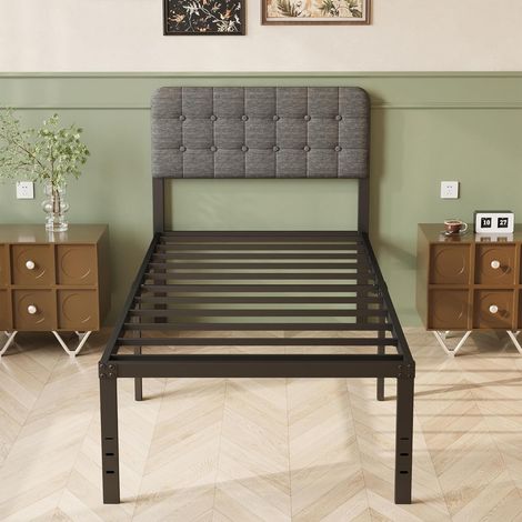 Metal Bed Base 90 x 200 cm with Curved Padded Headboard, 90 x 200 cm Bed with Metal Slatted Support, Height 46 cm, Storage Space, Easy Assembly, No Noise, Grey (1/5)