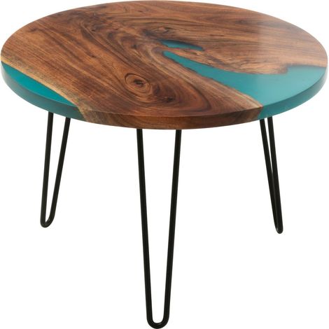 Table d appoint ronde bois d acacia et résine bleu design - Bois foncé et bleu océan (1/3)