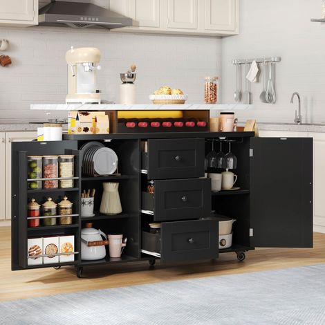 Îlot de cuisine mobile avec plan de travail rabattable, desserte à 5 roulettes, étagère de porte, casier à vin et porte-verres, 120 × 42(60) × 93 cm