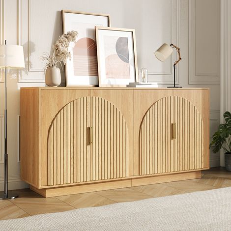 Buffet bas 160 cm, façades cannelées, avec 4 portes en arche, Meuble de rangement pour salon et salle à manger, Style moderne, en MDF, Naturel (1/5)