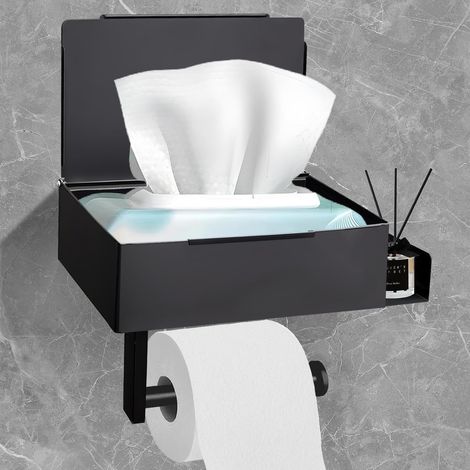 Porte-rouleau de papier toilette sans perçage avec boîte à lingettes humides - En acier inoxydable - Pour salle de bain - Noir (1/5)