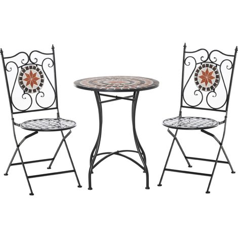 Gartenset Balkonmöbel Set für 2 Personen Mosaiktisch 2 faltbare Stühle Metall Mehrfarbig