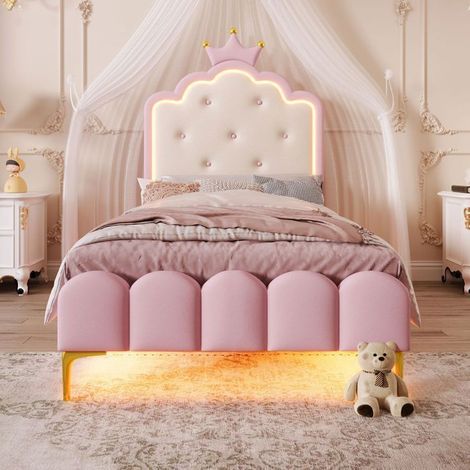 Lit Rembourré Enfant 90x200cm Couronne Princesse PU Rose avec Éclairage LED - Lit Enfant - Sommier à Lattes Inclus Pieds Métal (1/5)