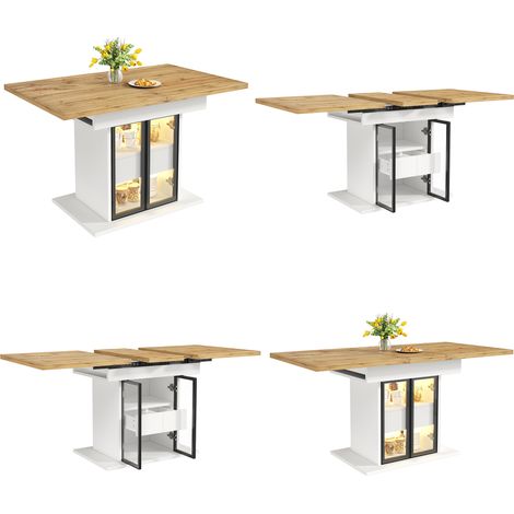 Table extensible avec rangement et éclairage LED RGB, 110-140 cm, portes coulissantes en verre et poignées cachées, blanc/noir (1/5)