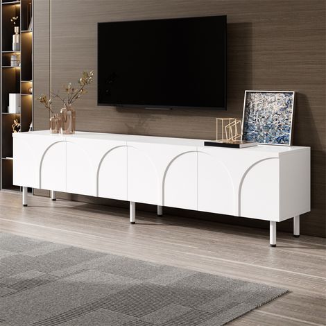 Meuble TV Lowboard 180x35x49cm - Buffet de Salon 4 Portes Motifs Ondulés 3D, Compartiments Séparés et Pieds en Métal - Blanc (1/5)