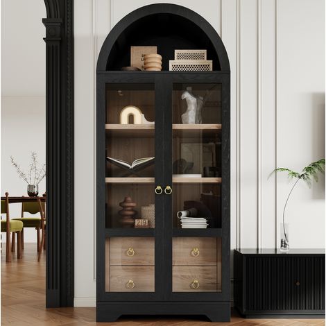 Vitrina alta 76,2x40,1x180 cm con puertas de vidrio transparente, cajones y espacio de almacenamiento, MDF - negro (1/5)